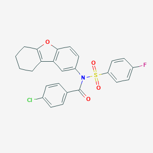 molecular formula C25H19ClFNO4S B281546 4-chloro-N-[(4-fluorophenyl)sulfonyl]-N-6,7,8,9-tetrahydrodibenzo[b,d]furan-2-ylbenzamide 