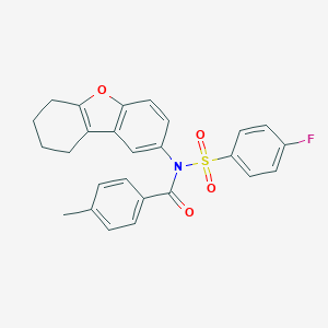 molecular formula C26H22FNO4S B281547 N-[(4-fluorophenyl)sulfonyl]-4-methyl-N-6,7,8,9-tetrahydrodibenzo[b,d]furan-2-ylbenzamide 
