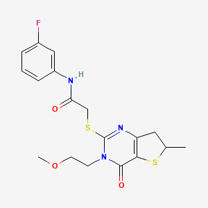 molecular formula C18H20FN3O3S2 B2815472 N-(3-氟苯基)-2-[[3-(2-甲氧基乙基)-6-甲基-4-氧代-6,7-二氢噻吩[3,2-d]嘧啶-2-基]硫代基]乙酰胺 CAS No. 851410-29-2
