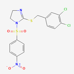 molecular formula C16H13Cl2N3O4S2 B2815496 2-[(3,4-Dichlorophenyl)methylsulfanyl]-1-(4-nitrophenyl)sulfonyl-4,5-dihydroimidazole CAS No. 868218-44-4