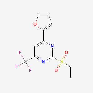 molecular formula C11H9F3N2O3S B2815498 2-(Ethylsulfonyl)-4-(2-furyl)-6-(trifluoromethyl)pyrimidine CAS No. 861241-35-2