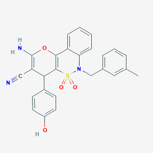 molecular formula C26H21N3O4S B2815536 2-Amino-4-(4-hydroxyphenyl)-6-(3-methylbenzyl)-4,6-dihydropyrano[3,2-c][2,1]benzothiazine-3-carbonitrile 5,5-dioxide CAS No. 893297-48-8