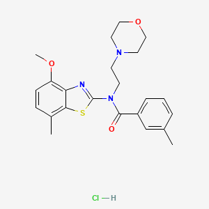 molecular formula C23H28ClN3O3S B2815540 N-(4-methoxy-7-methylbenzo[d]thiazol-2-yl)-3-methyl-N-(2-morpholinoethyl)benzamide hydrochloride CAS No. 1215612-47-7