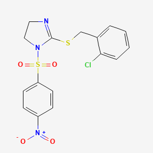 molecular formula C16H14ClN3O4S2 B2815609 2-[(2-Chlorophenyl)methylsulfanyl]-1-(4-nitrophenyl)sulfonyl-4,5-dihydroimidazole CAS No. 868217-84-9