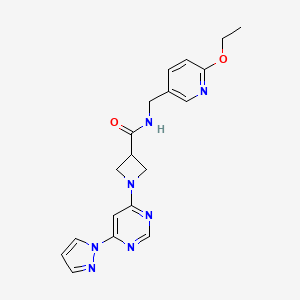 molecular formula C19H21N7O2 B2815631 1-(6-(1H-pyrazol-1-yl)pyrimidin-4-yl)-N-((6-ethoxypyridin-3-yl)methyl)azetidine-3-carboxamide CAS No. 2034473-47-5