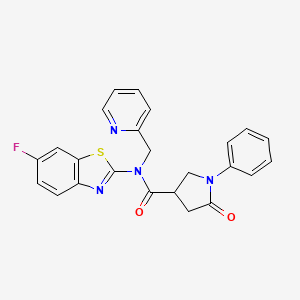 molecular formula C24H19FN4O2S B2815682 N-(6-fluoro-1,3-benzothiazol-2-yl)-5-oxo-1-phenyl-N-[(pyridin-2-yl)methyl]pyrrolidine-3-carboxamide CAS No. 1105245-09-7