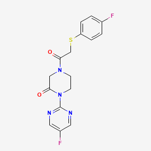 molecular formula C16H14F2N4O2S B2815695 4-[2-(4-Fluorophenyl)sulfanylacetyl]-1-(5-fluoropyrimidin-2-yl)piperazin-2-one CAS No. 2310140-79-3