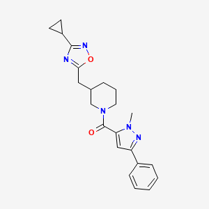 molecular formula C22H25N5O2 B2815751 (3-((3-环丙基-1,2,4-噁二唑-5-基)甲基)哌啶-1-基)(1-甲基-3-苯基-1H-吡唑-5-基)甲酮 CAS No. 1705127-06-5