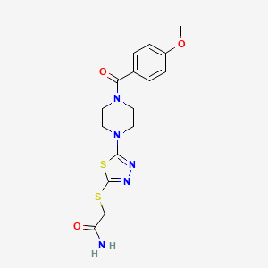 molecular formula C16H19N5O3S2 B2815773 2-((5-(4-(4-Methoxybenzoyl)piperazin-1-yl)-1,3,4-thiadiazol-2-yl)thio)acetamide CAS No. 1105224-83-6