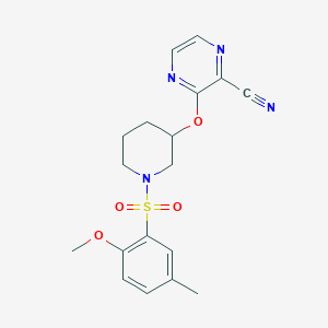 molecular formula C18H20N4O4S B2815781 3-((1-((2-甲氧基-5-甲基苯基)磺酰基)哌啶-3-基)氧基)吡嗪-2-甲腈 CAS No. 2034479-65-5