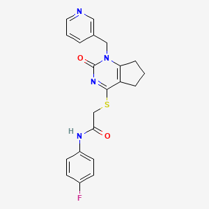 molecular formula C21H19FN4O2S B2815829 N-(4-fluorophenyl)-2-((2-oxo-1-(pyridin-3-ylmethyl)-2,5,6,7-tetrahydro-1H-cyclopenta[d]pyrimidin-4-yl)thio)acetamide CAS No. 932961-87-0