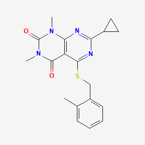 molecular formula C19H20N4O2S B2815868 7-Cyclopropyl-1,3-dimethyl-5-[(2-methylphenyl)methylsulfanyl]pyrimido[4,5-d]pyrimidine-2,4-dione CAS No. 906227-54-1