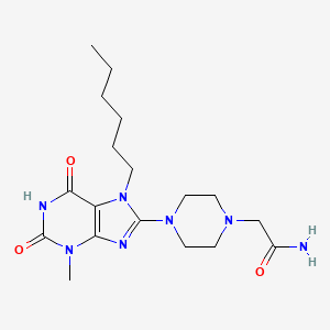 molecular formula C18H29N7O3 B2815989 2-(4-(7-hexyl-3-methyl-2,6-dioxo-2,3,6,7-tetrahydro-1H-purin-8-yl)piperazin-1-yl)acetamide CAS No. 898408-67-8