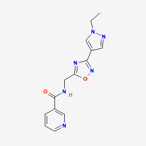 molecular formula C14H14N6O2 B2815994 N-((3-(1-ethyl-1H-pyrazol-4-yl)-1,2,4-oxadiazol-5-yl)methyl)nicotinamide CAS No. 2034515-86-9