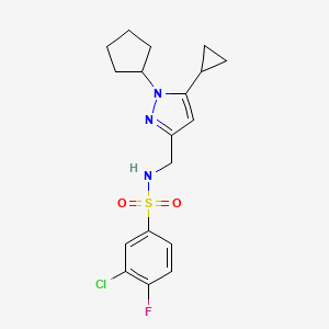 molecular formula C18H21ClFN3O2S B2816014 3-氯-N-((1-环戊基-5-环丙基-1H-吡唑-3-基)甲基)-4-氟苯磺酰胺 CAS No. 1448063-25-9