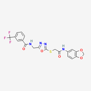 molecular formula C20H15F3N4O5S B2816196 N-((5-((2-(benzo[d][1,3]dioxol-5-ylamino)-2-oxoethyl)thio)-1,3,4-oxadiazol-2-yl)methyl)-3-(trifluoromethyl)benzamide CAS No. 872620-63-8