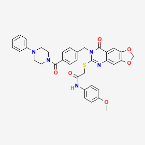molecular formula C36H33N5O6S B2816219 N-(4-methoxyphenyl)-2-((8-oxo-7-(4-(4-phenylpiperazine-1-carbonyl)benzyl)-7,8-dihydro-[1,3]dioxolo[4,5-g]quinazolin-6-yl)thio)acetamide CAS No. 689760-02-9