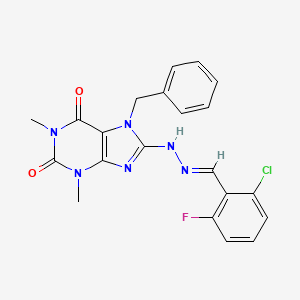 molecular formula C21H18ClFN6O2 B2816271 (E)-7-benzyl-8-(2-(2-chloro-6-fluorobenzylidene)hydrazinyl)-1,3-dimethyl-1H-purine-2,6(3H,7H)-dione CAS No. 377066-81-4