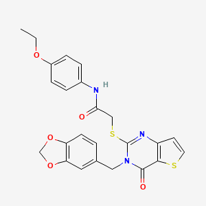molecular formula C24H21N3O5S2 B2816307 2-(3-(1,3-苯并二氧杂环戊-5-基甲基)-4-氧代噻吩并[3,2-d]嘧啶-2-基)硫醇基-N-(4-乙氧基苯基)乙酰胺 CAS No. 440328-06-3