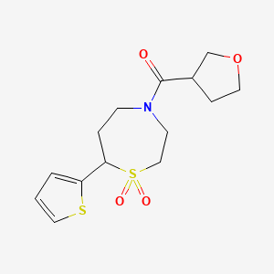 molecular formula C14H19NO4S2 B2816322 (1,1-Dioxido-7-(thiophen-2-yl)-1,4-thiazepan-4-yl)(tetrahydrofuran-3-yl)methanone CAS No. 2034421-66-2
