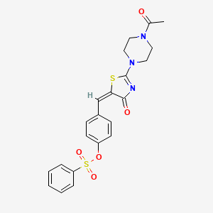 molecular formula C22H21N3O5S2 B2816337 (E)-4-((2-(4-acetylpiperazin-1-yl)-4-oxothiazol-5(4H)-ylidene)methyl)phenyl benzenesulfonate CAS No. 375352-38-8