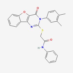 molecular formula C26H21N3O3S B2816380 2-{[3-(3,4-dimethylphenyl)-4-oxo-3,4-dihydro[1]benzofuro[3,2-d]pyrimidin-2-yl]sulfanyl}-N-phenylacetamide CAS No. 902897-56-7