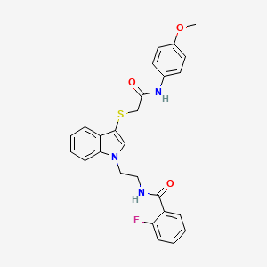 molecular formula C26H24FN3O3S B2816382 2-氟代-N-(2-(3-((2-((4-甲氧基苯基)氨基)-2-氧代乙基)硫基)-1H-吲哚-1-基)乙基)苯甲酰胺 CAS No. 532973-02-7