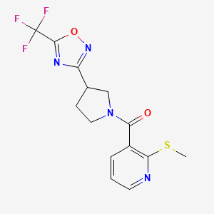 molecular formula C14H13F3N4O2S B2816427 (2-(甲硫基)吡啶-3-基)(3-(5-(三氟甲基)-1,2,4-噁二唑-3-基)吡咯啉-1-基)甲酮 CAS No. 2034352-50-4