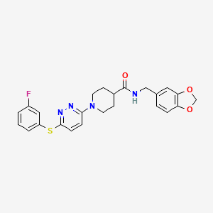 molecular formula C24H23FN4O3S B2816446 N-(1,3-苯并二氧杂噁二唑-5-基甲基)-1-{6-[(3-氟苯基)硫代吡咯啉-3-基]哌啶-4-基}吡咯啉-3-羧酰胺 CAS No. 1223922-88-0