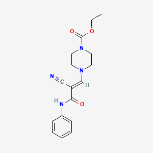 molecular formula C17H20N4O3 B2816481 (E)-乙酸乙酯 4-(2-氰-3-氧代-3-(苯基氨基)丙-1-烯-1-基)哌嗪-1-甲酸酯 CAS No. 885180-67-6