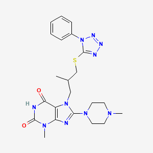 molecular formula C22H28N10O2S B2816504 3-methyl-7-(2-methyl-3-((1-phenyl-1H-tetrazol-5-yl)thio)propyl)-8-(4-methylpiperazin-1-yl)-1H-purine-2,6(3H,7H)-dione CAS No. 872627-96-8