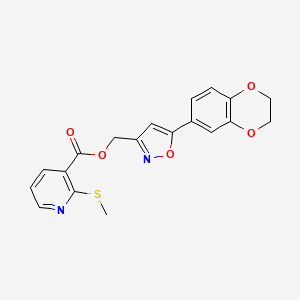 molecular formula C19H16N2O5S B2816515 (5-(2,3-Dihydrobenzo[b][1,4]dioxin-6-yl)isoxazol-3-yl)methyl 2-(methylthio)nicotinate CAS No. 1203206-29-4