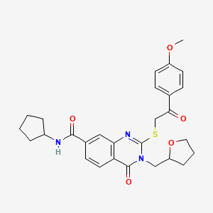 molecular formula C28H31N3O5S B2816644 N-cyclopentyl-2-{[2-(4-methoxyphenyl)-2-oxoethyl]thio}-4-oxo-3-(tetrahydrofuran-2-ylmethyl)-3,4-dihydroquinazoline-7-carboxamide CAS No. 959566-42-8