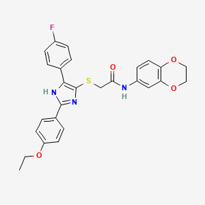 molecular formula C27H24FN3O4S B2816747 N-(2,3-二氢-1,4-苯并二氧杂环己烷-6-基)-2-{[2-(4-乙氧苯基)-5-(4-氟苯基)-1H-咪唑-4-基]硫基}乙酰胺 CAS No. 901265-57-4