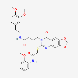 molecular formula C32H34N4O8S B2816752 N-(3,4-dimethoxyphenethyl)-4-(6-((2-((2-methoxyphenyl)amino)-2-oxoethyl)thio)-8-oxo-[1,3]dioxolo[4,5-g]quinazolin-7(8H)-yl)butanamide CAS No. 688060-72-2
