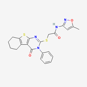 molecular formula C22H20N4O3S2 B2816774 N-(5-methyl-1,2-oxazol-3-yl)-2-({3-oxo-4-phenyl-8-thia-4,6-diazatricyclo[7.4.0.0^{2,7}]trideca-1(9),2(7),5-trien-5-yl}sulfanyl)acetamide CAS No. 500112-41-4