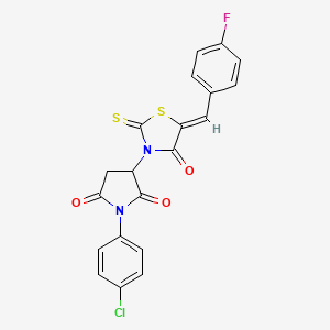 molecular formula C20H12ClFN2O3S2 B2816779 1-(4-chlorophenyl)-3-[(5Z)-5-[(4-fluorophenyl)methylidene]-4-oxo-2-sulfanylidene-1,3-thiazolidin-3-yl]pyrrolidine-2,5-dione CAS No. 573674-10-9
