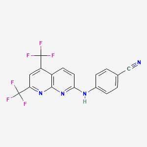 molecular formula C17H8F6N4 B2816859 4-{[5,7-Bis(trifluoromethyl)[1,8]naphthyridin-2-yl]amino}benzenecarbonitrile CAS No. 241488-40-4