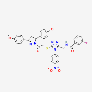 molecular formula C35H30FN7O6S B2816873 N-((5-((2-(3,5-bis(4-methoxyphenyl)-4,5-dihydro-1H-pyrazol-1-yl)-2-oxoethyl)thio)-4-(4-nitrophenyl)-4H-1,2,4-triazol-3-yl)methyl)-3-fluorobenzamide CAS No. 393574-13-5