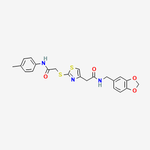 molecular formula C22H21N3O4S2 B2816884 N-(benzo[d][1,3]dioxol-5-ylmethyl)-2-(2-((2-oxo-2-(p-tolylamino)ethyl)thio)thiazol-4-yl)acetamide CAS No. 941874-66-4