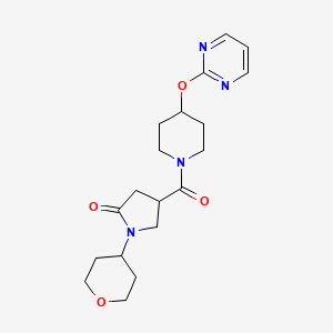 molecular formula C19H26N4O4 B2816914 4-(4-(pyrimidin-2-yloxy)piperidine-1-carbonyl)-1-(tetrahydro-2H-pyran-4-yl)pyrrolidin-2-one CAS No. 1421462-29-4