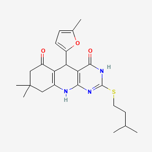 molecular formula C23H29N3O3S B2817038 2-(异戊硫基)-8,8-二甲基-5-(5-甲基呋喃-2-基)-7,8,9,10-四氢吡咯并[4,5-b]喹啉-4,6(3H,5H)-二酮 CAS No. 631854-99-4