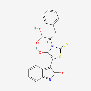 molecular formula C20H14N2O4S2 B2817040 (Z)-2-(4-oxo-5-(2-oxoindolin-3-ylidene)-2-thioxothiazolidin-3-yl)-3-phenylpropanoic acid CAS No. 301687-63-8