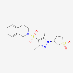 molecular formula C18H23N3O4S2 B2817146 3-(4-((3,4-dihydroisoquinolin-2(1H)-yl)sulfonyl)-3,5-dimethyl-1H-pyrazol-1-yl)tetrahydrothiophene 1,1-dioxide CAS No. 1019095-25-0