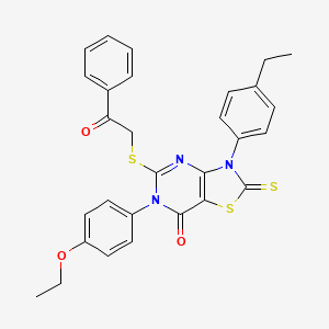 molecular formula C29H25N3O3S3 B2817254 6-(4-Ethoxyphenyl)-3-(4-ethylphenyl)-5-phenacylsulfanyl-2-sulfanylidene-[1,3]thiazolo[4,5-d]pyrimidin-7-one CAS No. 422307-32-2