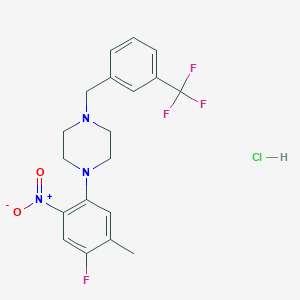 molecular formula C19H20ClF4N3O2 B2817293 1-(4-Fluoro-5-methyl-2-nitrophenyl)-4-{[3-(trifluoromethyl)phenyl]methyl}piperazine hydrochloride CAS No. 1262222-57-0