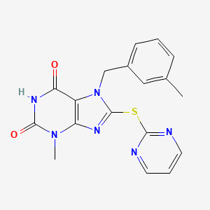 molecular formula C18H16N6O2S B2817453 3-Methyl-7-[(3-methylphenyl)methyl]-8-pyrimidin-2-ylsulfanylpurine-2,6-dione CAS No. 674363-18-9