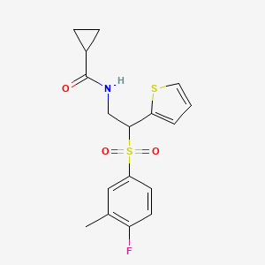 molecular formula C17H18FNO3S2 B2817497 N-(2-((4-fluoro-3-methylphenyl)sulfonyl)-2-(thiophen-2-yl)ethyl)cyclopropanecarboxamide CAS No. 941900-53-4