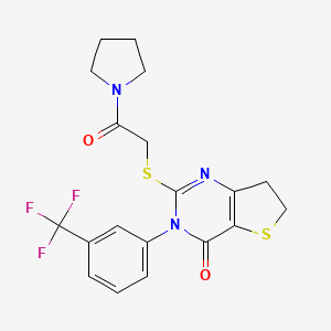 molecular formula C19H18F3N3O2S2 B2817531 2-((2-oxo-2-(pyrrolidin-1-yl)ethyl)thio)-3-(3-(trifluoromethyl)phenyl)-6,7-dihydrothieno[3,2-d]pyrimidin-4(3H)-one CAS No. 877654-03-0
