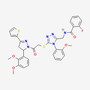 molecular formula C34H31FN6O5S2 B2817650 N-[[5-[2-[3-(2,3-dimethoxyphenyl)-5-thiophen-2-yl-3,4-dihydropyrazol-2-yl]-2-oxoethyl]sulfanyl-4-(2-methoxyphenyl)-1,2,4-triazol-3-yl]methyl]-2-fluorobenzamide CAS No. 393573-81-4